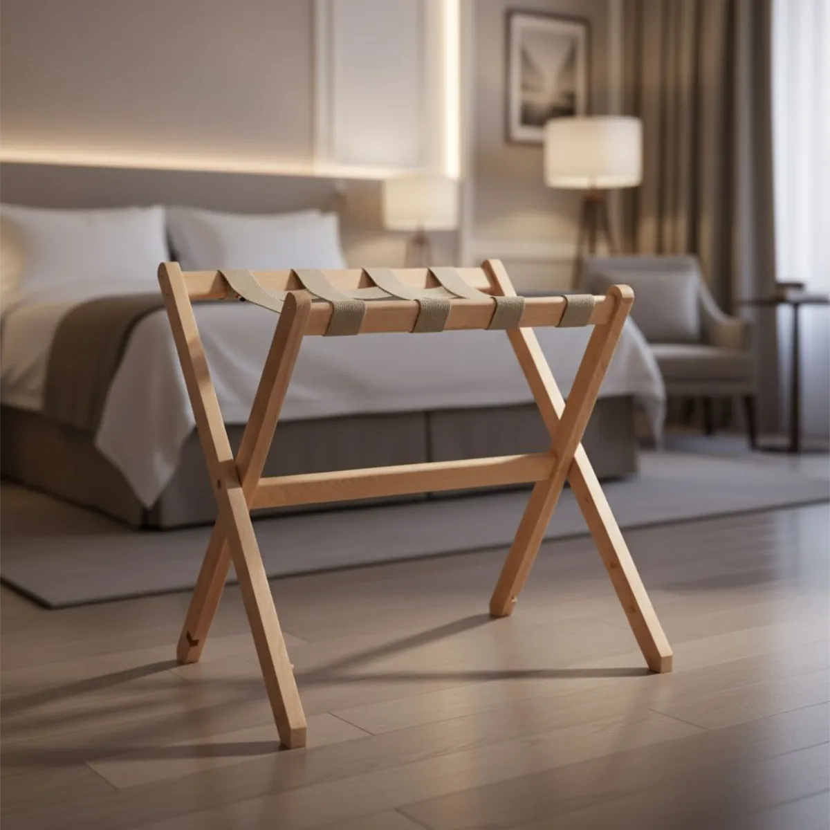 Hotel Kofferständer Compact aus Holz Buche Natur Stoff Schwarz, 80,92